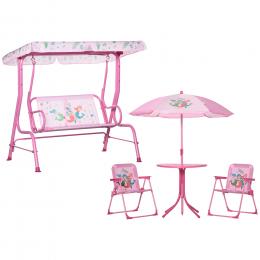 Outsunny 4 tlg. Kindersitzgruppe Garten Gartentisch 2 Klappstühle Kinder Hollywoodschaukel Sonnenschirm Camping für 3-6 Jahre Rosa