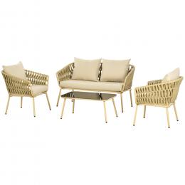 Outsunny 4 tlg Rattan Gartenm&ouml;bel Set Sitzgruppe mit 1 Couchtisch 2 Sesseln 1 Doppelsofa Gartengarnitur mit Kissen Khaki f&uuml;r Terrasse & Garten   Aosom.de