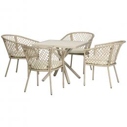 Outsunny 5-teiliges Garten-Dining-Set mit 4 St&uuml;hlen und 1 quadratischen Tisch, Metall und geflochtene PE-Rattan-Optik, Beige   Aosom