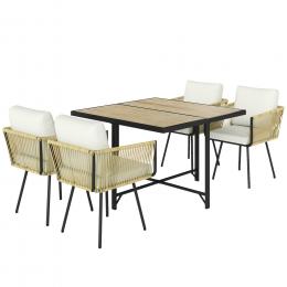 Outsunny 5-teiliges Rattan-Garten-Set, Outdoor-Esstisch-Set mit PS-Holz-Effekt-Tisch, 4 St&uuml;hle, waschbare Kissen, Metallgestell, f&uuml;r Terrasse Balkon, Naturfarbe/Beige   Aosom