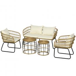 Outsunny 5 tlg Rattan Gartenm&ouml;bel-Set mit Kissen, 2 Couchtischen, 2 Sesseln, 1 Doppelsofa, Gartengarnitur in Beige f&uuml;r Terrasse & Garten   Aosom.de