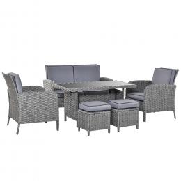Outsunny 6-tlg. Luxus Polyrattan Garten Essgruppe Gartengarnitur Gartenmöbel Garten-Set Sitzgruppe Loungemöbel inkl. Esstisch und Fußhocker Grau