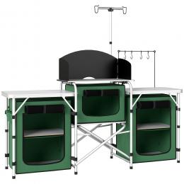 Outsunny Camping-K&uuml;chenm&ouml;bel, faltbarer Camping-Schrank mit Tischen, Schr&auml;nken, Haken, Aluminiumgestell, verstellbarem Lichtmast, Windschutz und Tragetasche, 172x48x119 cm, Gr&uuml;n   Aosom