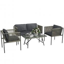Outsunny Gartenm&ouml;bel Set aus Polyrattan Lounge-Set mit 2er Sofa Sessel Glastisch Kissen wetterfest Balkonm&ouml;bel f&uuml;r 4 Personen Outdoor Sitzgruppe Terrassenm&ouml;bel f&uuml;r Garten Balkon Grau   Aosom