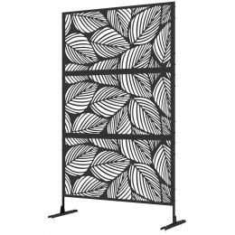 Outsunny Gartensichtschutz 122 x 198 cm Balkon Sichtschutz, Trennwand mit Bl&auml;ttermuster, Raumtrenner mit St&auml;nder, Stahl, Schwarz