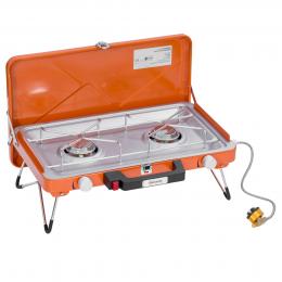 Outsunny Gasgrill, Tischgrill BBQ mit 2 Brennern, Klappbares Tischgasgrill mit Schlauch, Regler, Campinggrill für Picknick, Garten, Edelstahl+Metall, Orange, 46,5 x 33,5 x 17,4 cm