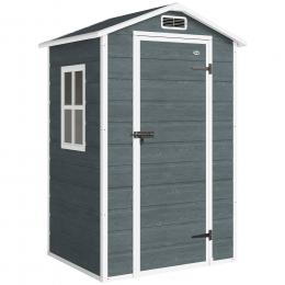 Outsunny Ger&auml;tehaus 1,1 m² Ger&auml;teschuppen mit Holzoptik Fenster 128 x 104 x 196 cm Kunststoff Gartenschuppen mit Satteldach Bel&uuml;ftung Boden Schloss Handschuhe, Gartenhaus f&uuml;r Werkzeuge Grau   Aosom