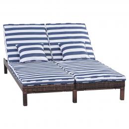 Outsunny Polyrattan Doppelliege Sonnenliege Gartenliege für 2 Personen Lounge 5-stufige Rückenlehne Metall PE Rattan Blau+Weiß 196 x 120 x 28 cm