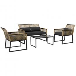 Outsunny Polyrattan Gartenm&ouml;bel Set 4 Personen, wetterfest Balkonm&ouml;bel-Set mit 2er Sofa, 2 St&uuml;hle Glastisch Sitzkissen, Outdoor Sitzgruppe, Terrassenm&ouml;bel Gartengarnitur f&uuml;r Garten Balkon, Schwarz   Aosom