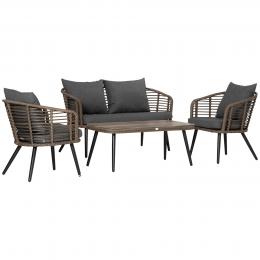 Outsunny Polyrattan Gartenmöbel Set für 4 Personen Rattensofa-Set Sitzgruppe Teetisch mit Sofa Kissen Stahl Braun+Grau