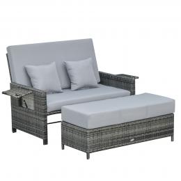 Outsunny Polyrattan Lounge-Sofa  Gartensofa 2-Sitzer mit Kissen & Hocker, Gartenliege, Grau  Aosom.de
