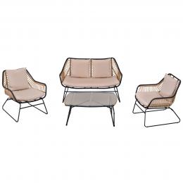 Outsunny Polyrattan Rattensofa-Set f&uuml;r 4 Personen Teetisch aus geh&auml;rtetem Glas Sitzbank mit Tisch & Kissen Stahlrahmen Stahl Polyester Khaki+Beige