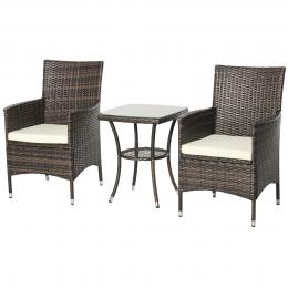Outsunny Rattan Gartenmöbel Set mit Beistelltisch 3-tlg. Balkonmöbel Set mit Sitzkissen Polyrattan + Stahl Braun 60 x 58,5 x 89,5 cm