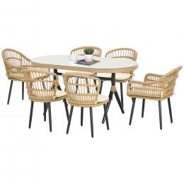 Outsunny Salon de Jardin 6 Personen Rattan PE Esszimmer-Set - 1 rechteckiger Tisch und 6 St&uuml;hle mit Kissen - geh&auml;rtete Glastischplatte, Stahlrahmen, Nat&uuml;rliches Holz   Aosom