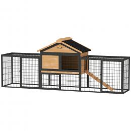 PawHut Hasenstall 2 Ebenen mit Satteldach Kaninchenstall aus Vollholz Deutscher Widder Doppelstockhaus mit Freilaufgehege 217x53x86 cm Kaninchenk&auml;fig Outdoor Kleintierstall f&uuml;r Hasen Kaninchen Gelb   Aosom