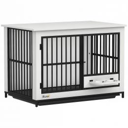 PawHut Hundekäfig Hundebox für Zuhause mit 2 Türen, Abschließbare Hundehütte Indoor mit drehbaren Näpfen, herausnehmbarer Schale für kleine/mittlere/große Hunde Weiß 95 x 60 x 68,5 cm   Aosom