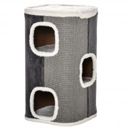 PawHut Katzenbaum  Kratztonne mit 3 Ebenen, Spanplatte, samtartiges Polyester, Sisal, Grau+Wei&szlig;, 40x40x74cm  Aosom