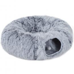 PawHut Katzentunnel f&uuml;r Innen 2-in-1 mit Katzenbett aus weichem Veloursstoff, faltbarer runder Donut-Tunnel mit waschbarem Rundkissen, Spielball und Eingangsloch, Hellgrau   Aosom