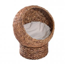 PawHut Rattan Katzenkorb  Bequemes Katzenbett mit Kissen, Haustierbett aus Wasserhyazinthe, Hellbraun, 42x33x52cm  Aosom.de
