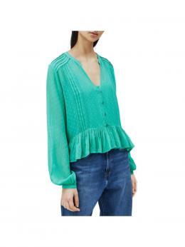 Pepe Jeans Damenbluse Jadegr&uuml;n V-Ausschnitt Peplum, Gr&ouml;&szlig;e XS