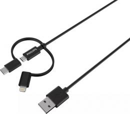 Philips DLC3104T/03 3-in-1-Ladekabel - Lightning USB-Kabel, Micro-USB, USB-C - Kompatibel mit Apple und Samsung - 1,2 Meter - Schwarz