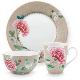 Pip Studio Blushing Birds Frühstücks-Set Large 3-teilig - khaki - 3er Set - Teller: Ø 21 cm, Schale: Ø 15 cm und Tasse: 350 ml