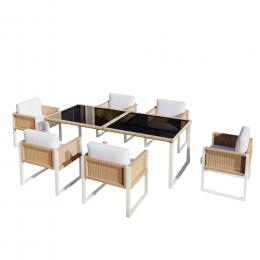 Polyrattan-Essgruppe f&uuml;r 6 Personen, geh&auml;rtete Glasplatte, abnehmbare und waschbare Bez&uuml;ge, Braun+Wei&szlig;