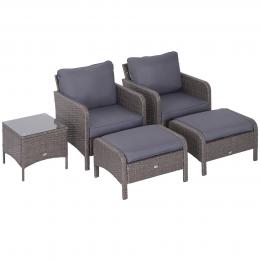 Polyrattan Sitzgruppe Dunkelgrau mit 2 Sesseln, Couchtisch, Hocker & Kissen, ideal für Outdoor-Bereich   Aosom.de