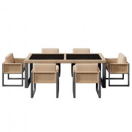 Rattan Tisch- und Stuhlset，mit 1 Tisch und 6 St&uuml;hle, Tischplatte aus Geh&auml;rtetem Glas, Braun+Schwarz