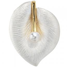 SIGO Anhänger Blatt 925 Silber bicolor mattiert 1 Süßwasser Perle Perlenanhänger