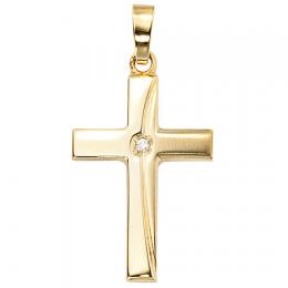 SIGO Anhänger Kreuz 333 Gold Gelbgold mattiert 1 Zirkonia Kreuzanhänger Goldkreuz