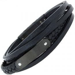 SIGO Armband 5-reihig Leder schwarz mit Edelstahl 21 cm