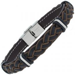 SIGO Armband Leder schwarz braun geflochten mit Edelstahl 21 cm