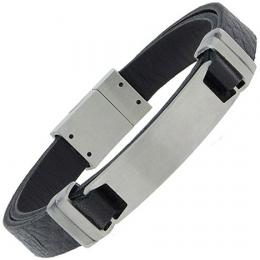 SIGO Armband mit Gravurplatte Leder schwarz und Edelstahl matt 21 cm