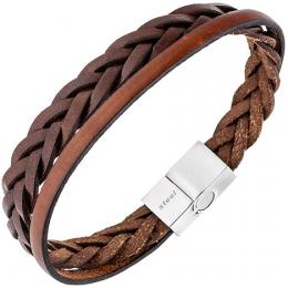 SIGO Herren Armband 2-reihig Leder braun geflochten mit Edelstahl 21 cm Herrenarmband