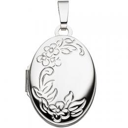 SIGO Medaillon Blumen oval für 2 Fotos 585 Gold Weißgold Anhänger zum Öffnen