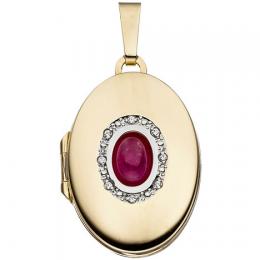 SIGO Medaillon oval 333 Gold Gelbgold Zirkonia 1 Rubin pink zum Öffnen für 2 Fotos