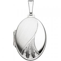 SIGO Medaillon oval 375 Gold Weißgold mattiert 3 Zirkonia Anhänger zum Öffnen