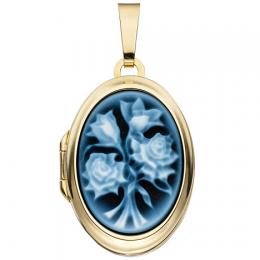 SIGO Medaillon oval 585 Gold Gelbgold 1 Lagen Kamee Blumen Anhänger zum Öffnen