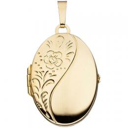 SIGO Medaillon oval Blumen 925 Sterling Silber gold vergoldet Anhänger zum Öffnen