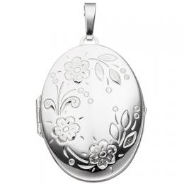 SIGO Medaillon oval Blumen für 2 Fotos 925 Sterling Silber Anhänger zum Öffnen