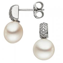 SIGO Ohrstecker 333 Gold Wei&szlig;gold 2 S&uuml;&szlig;wasser Perlen 32 Zirkonia Perlenohrstecker