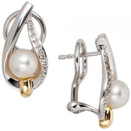 SIGO Ohrstecker 585 Wei&szlig;gold Gelbgold 2 S&uuml;&szlig;wasser Perlen 18 Diamanten Ohrringe