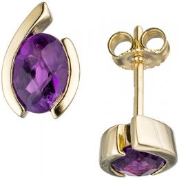 SIGO Ohrstecker oval 333 Gold Gelbgold 2 Amethyste lila violett Ohrringe