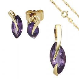 SIGO Schmuck-Set 585 Gold Gelbgold 3 Amethyste lila violett Ohrringe und Kette 42 cm