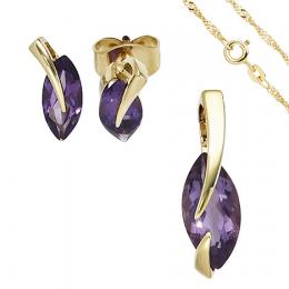 SIGO Schmuck-Set 585 Gold Gelbgold 3 Amethyste lila violett Ohrringe und Kette 45 cm