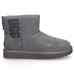 Snowboots CLASSIC MINI UGG RUBBER Lammleder Logo grau