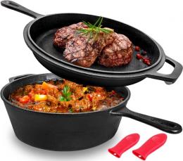 VAIVE 2-in-1 Gusseisen-Kasserolle Induktion - Kochtopf - Schmorpfanne - Brotpfanne - Alle W&auml;rmequellen - Ø26CM - 3.1 L